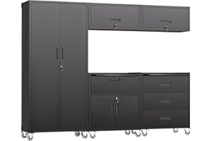 FLIXELIO Garage Storage Cabinets System 5PCS Workshop Set with Drawers Locking Heavy Duty Rolling Cart with Adjustable Shelves Garage Tool Workbench Cabinets (5 PCS-2,Black)