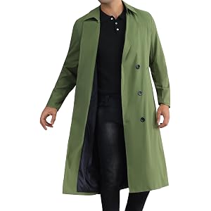 Double Breasted Green Trench Coat for Men's Winter Long Coat with Belt Medium
