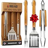 3 Piece BBQ Grilling Accessories Set - BBQ Tongs Spatula Fork Set - Heavy Duty Stainless Steel Barbecue Grill Tools with Solid Hard Wood Handles Great Gift Set
