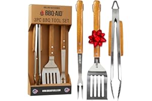 BBQ-AID 3 Piece BBQ Grilling Accessories Set - BBQ Tongs Spatula Fork Set - Heavy Duty Stainless Steel Barbecue Grill Tools with Solid Hard Wood Handles Great Gift Set