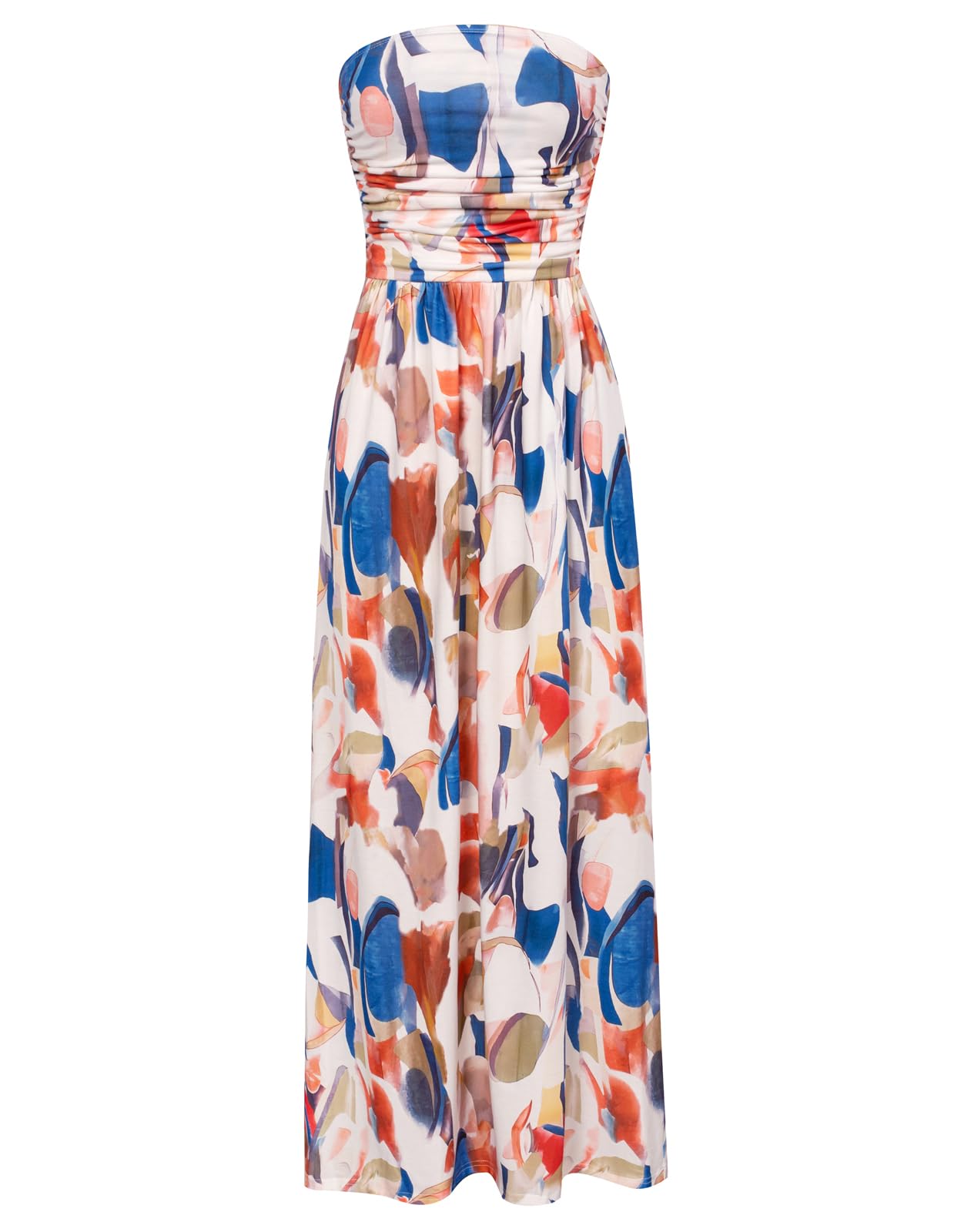 GRACE KARIN Women Strapless Dress Casual Loose Ruched Long Maxi Dress with Pockets Blue Brown Image