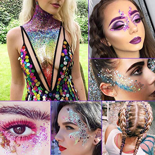 Chunky Glitter, Luckyfine Unicorn Chunky Glitter Makeup Chunky Glitter Sequins, for Nails Face Eyeshadow Lips Hair Body, Included Glue and Brush -12 Jars