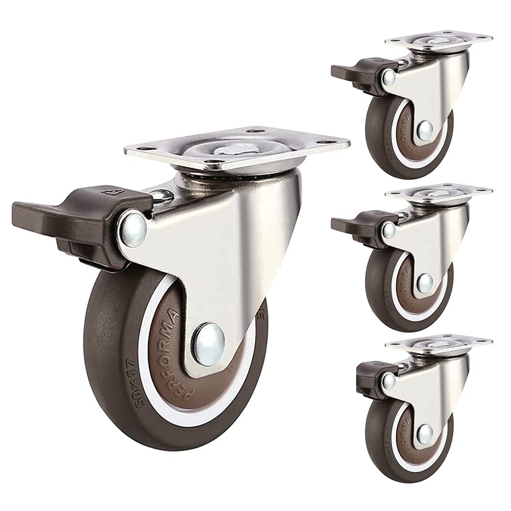 4 Pieces Transport Castors, Device Castors, Small Rubber Castors, Heavy Duty Swivel Wheels, Furniture Castors with Brake, Trolley Wheels with TPE Rubber, 38 mm, for Furniture, Flower Stands, Cribs