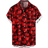 HAPNBCELE Men's Valentines Day Button Down Shirt, Heart Print Hawaiian Shirts Short Sleeve Causal Top Tropical Summer Beach