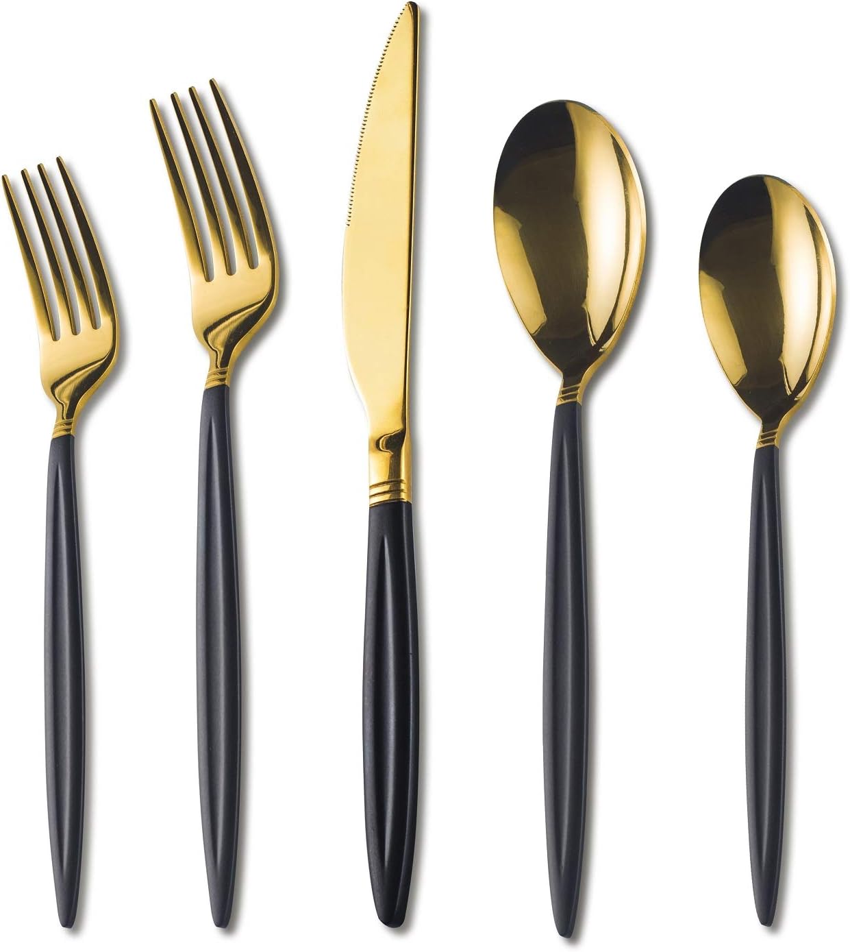 HOMQUEN 20 Piece Black Gold Flatware Set, Stainless Steel Silverware Set, Titanium Gold Spoon and Spray Paint Handle Cutlery Set, Service Set for 4 (Matt Black with Shiny Gold)