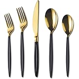20 Piece Black Gold Flatware Set, Stainless Steel Silverware Set, Titanium Gold Spoon and Spray Paint Handle Cutlery Set, Ser