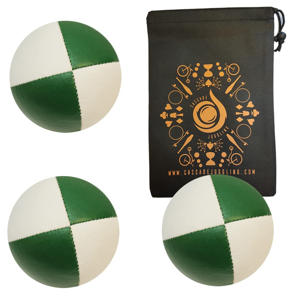 3 x Pro 76g Cascade Mini Juggling Balls - Small Sized Quality Thud Juggling Balls & Bag - Set of 3 Juggling Balls (Green and White)