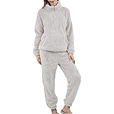 PEHMEA Women's 2 Piece Fluffy Fleece Pajamas Set Cozy Sleepwear with Half Zip Pullover Pants for Winter Loungewear