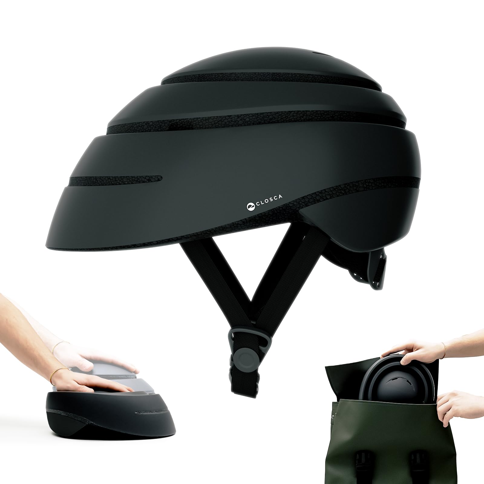 CLOSCA. Foldable helmet for bicycle and electric scooter. Lightweight, compact and certified. Urban unisex design for men and women. Adult bike helmet for cycling and city commuting.