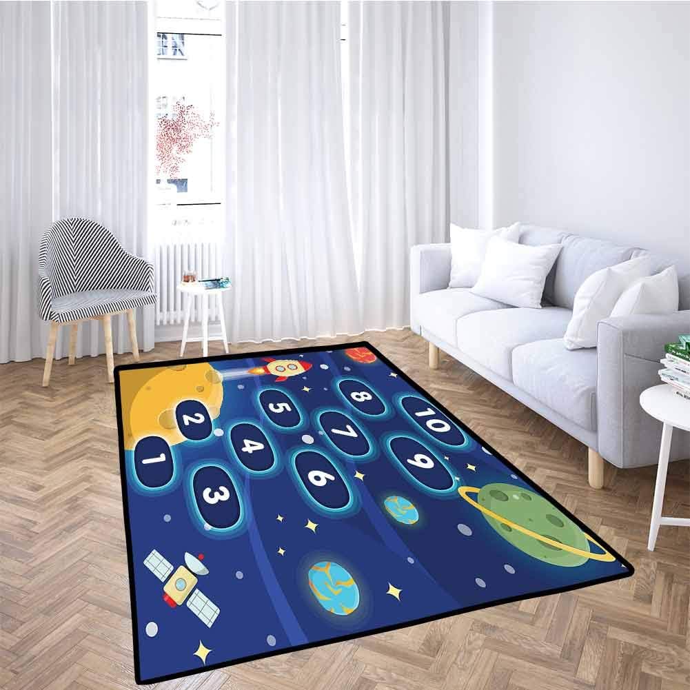 Kids Activity Outdoor Patio Rug Children Activity Hopscotch Game in Space Science Fiction Themed Cartoon for Toddlers, Stylish & Pet-Friendly Multicolor