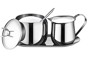 Creamer and Sugar Bowl Set Stainless Steel Latte Milk Cup Cream Jug and Sugar Bowl with Lid Spoon Tray for Coffee Serving Set