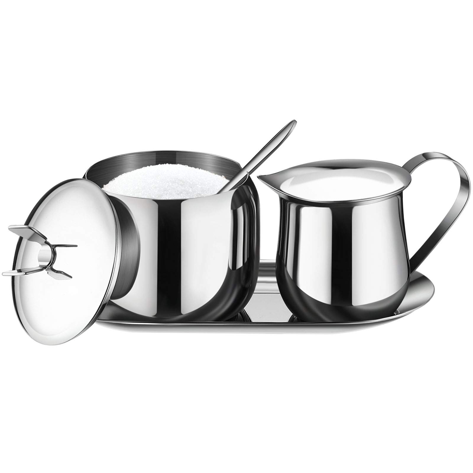 Photo 1 of ***MISSING CREAMER CUP***Creamer and Sugar Bowl Set Stainless Steel Latte Milk Cup Cream Jug and Sugar Bowl with Lid Spoon Tray for Coffee Serving Set Frothing Milk
