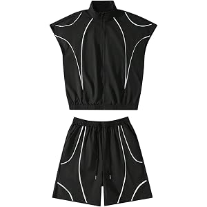 OYOANGLE Men's Short Sets 2 Piece Outfits Y2K Windbreaker Streetwear Set | Contrast Binding, Zip Up, Sleeveless Top, Drawstri
