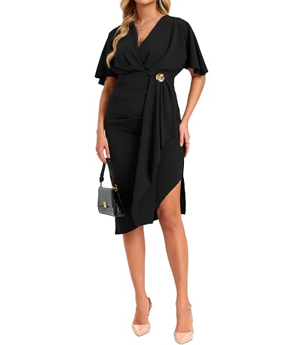 cocktail dresses meaning Oplxuo Womens Wrap V Neck Dolman Sleeve Midi Ruched Waist Irregular Bodycon Dress Elegant Formal Party Dress Black : Clothing, Shoes & Jewelry The flowing maxi length shamanic dress SIZES:S Long Sleevess Black V-neck