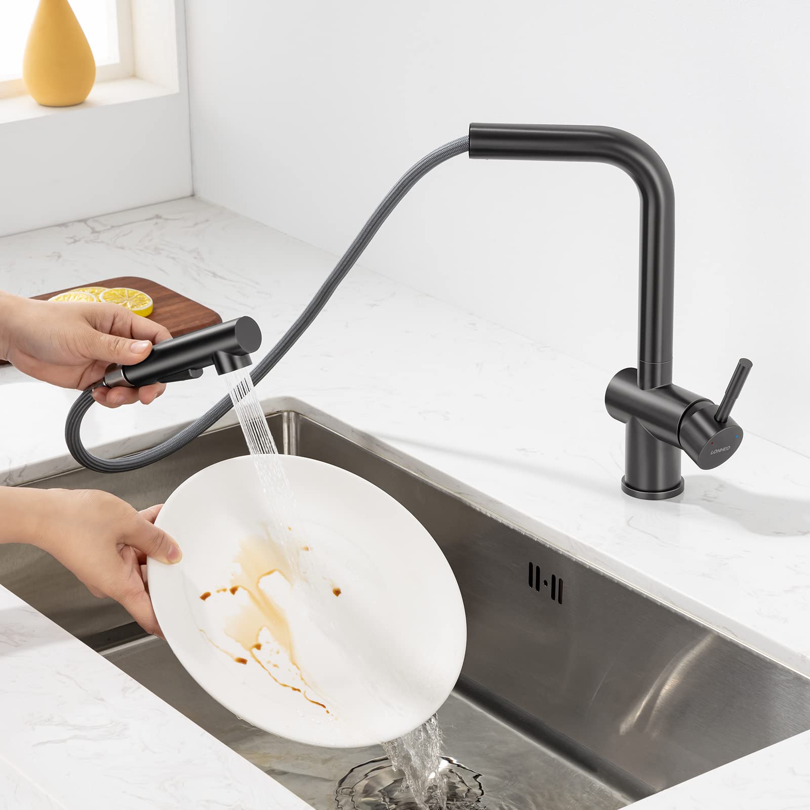 Lonheo-Grifo-Cocina-Extraible-Gris-Grifo-Fregadero-Extensible-Ducha-de-Acero-Inoxidable-Sin-plomo-Mezclador-de