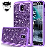 Galaxy J7 Refine/J7 2018/J7 Star/J7 Top/J7 Aura/J7 Aero/Crown/Eon Case w/Tempered Glass Screen Protector for Girls Women,LeYi Glitter Protective Phone Case for Samsung J7 V 2nd Gen TP Purple