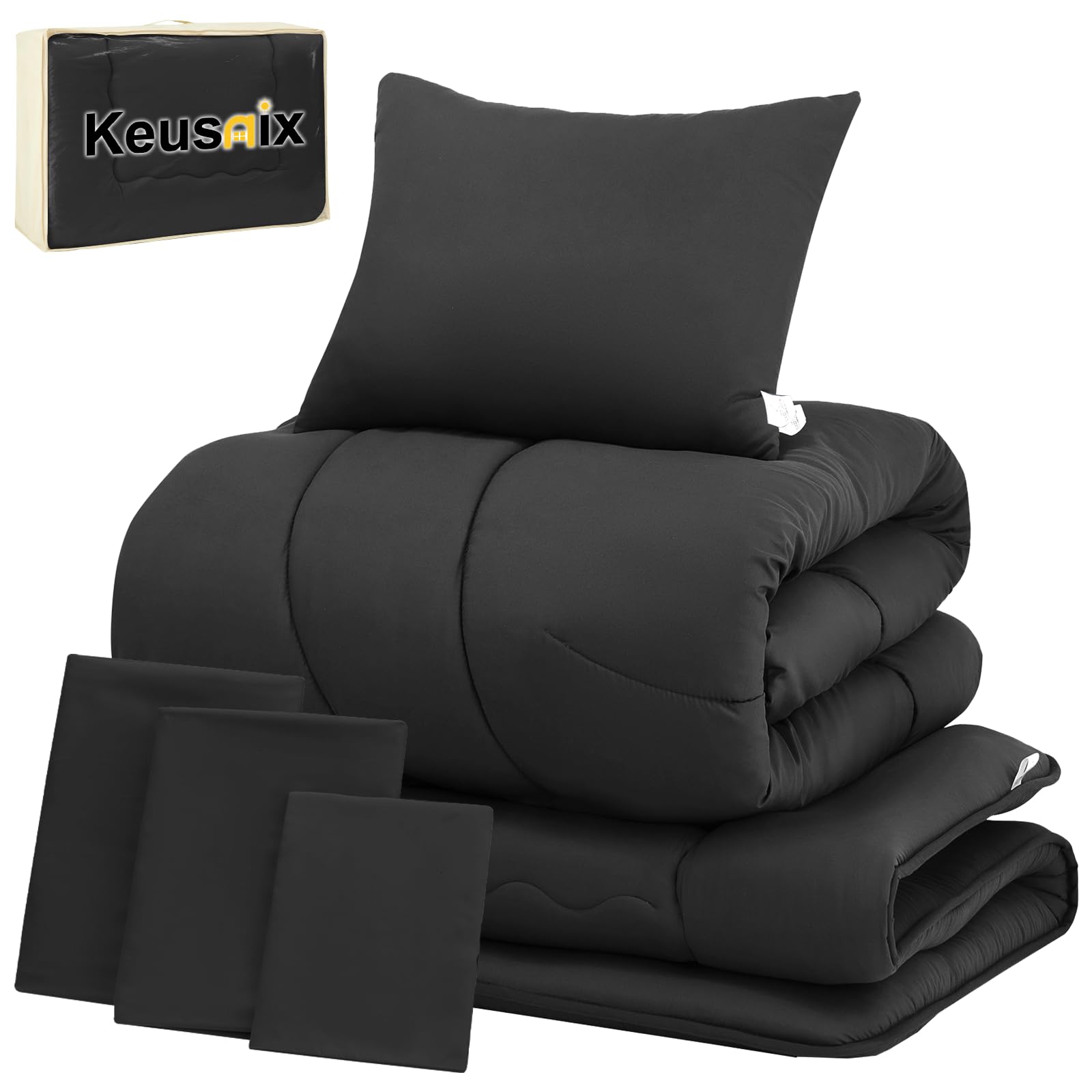 Keusnix 布団セット シングル 布団7点セット 寝具セット SEK認証 防臭 オールシーズン ふとんセット 洗える 中綿1.6kg 掛け布団・【高密度固綿入り】五層敷布団・枕・布団カバー3点・収納ケース付き ホコリが出にくい ピーチスキン加工 なめらかな肌触り ブラック商品画像