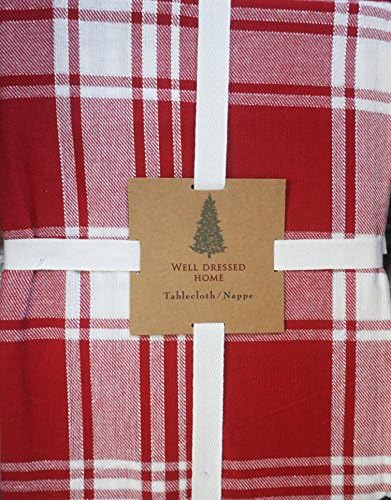 Well Dressed Home Fabric Cotton Christmas Holiday Tablecloth Plaid Pattern Red and White with Silver Tinsel Sparkle Thread Stripes 60 Inches by 84 Inches