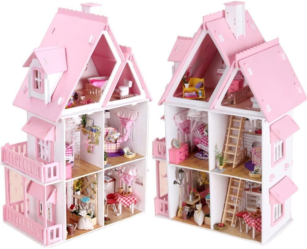 Dowonsol 17 Wooden Dream Dollhouse 6 Rooms with Furnitures Lights DIY Kits Miniature Doll House Great for Gift