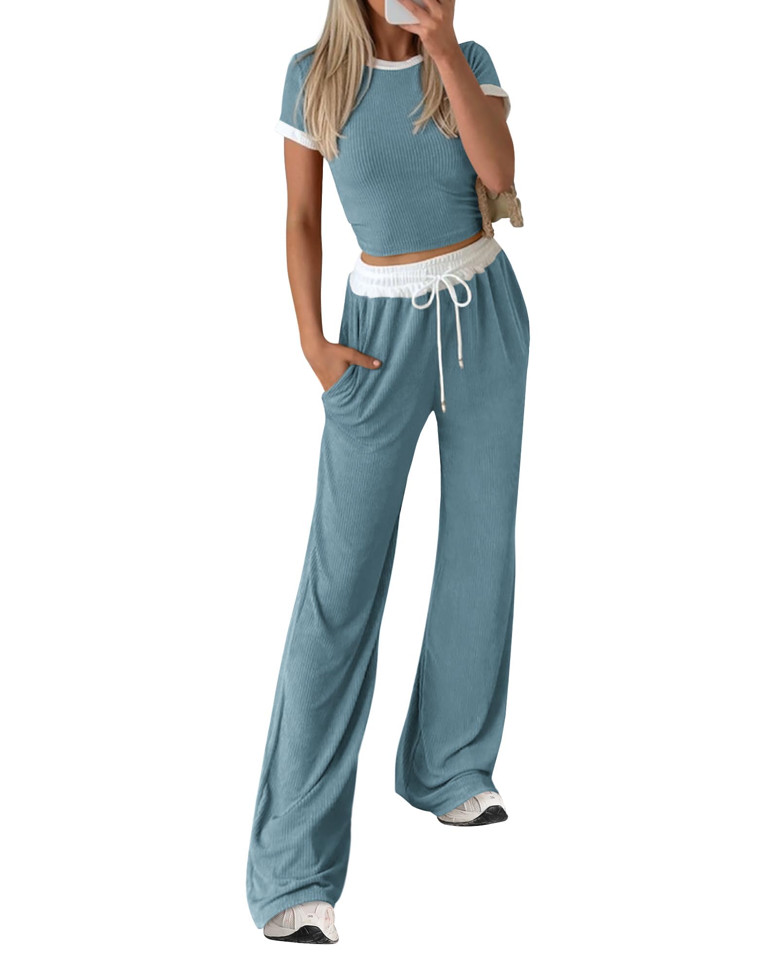 Photo 1 of BTFBM Womens 2 Piece Outfits 2025 Spring Fashion Casual Clothes Ribbed Knit Crop Top Wide Leg Pants Tracksuit Lounge Set(Grey Blue, X-Large)