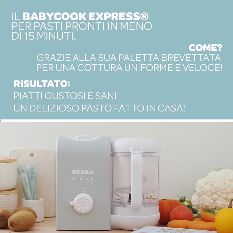 BEABA, Babycook Express, Robot Baby 4 in 1 Frullatore, Cottura Express 15 min, Miscelazione personalizzata, Cottura a Vapore Dolce e Sano, Scongelamento, Texture omogenea, Capacità 1.250 ml, Verde