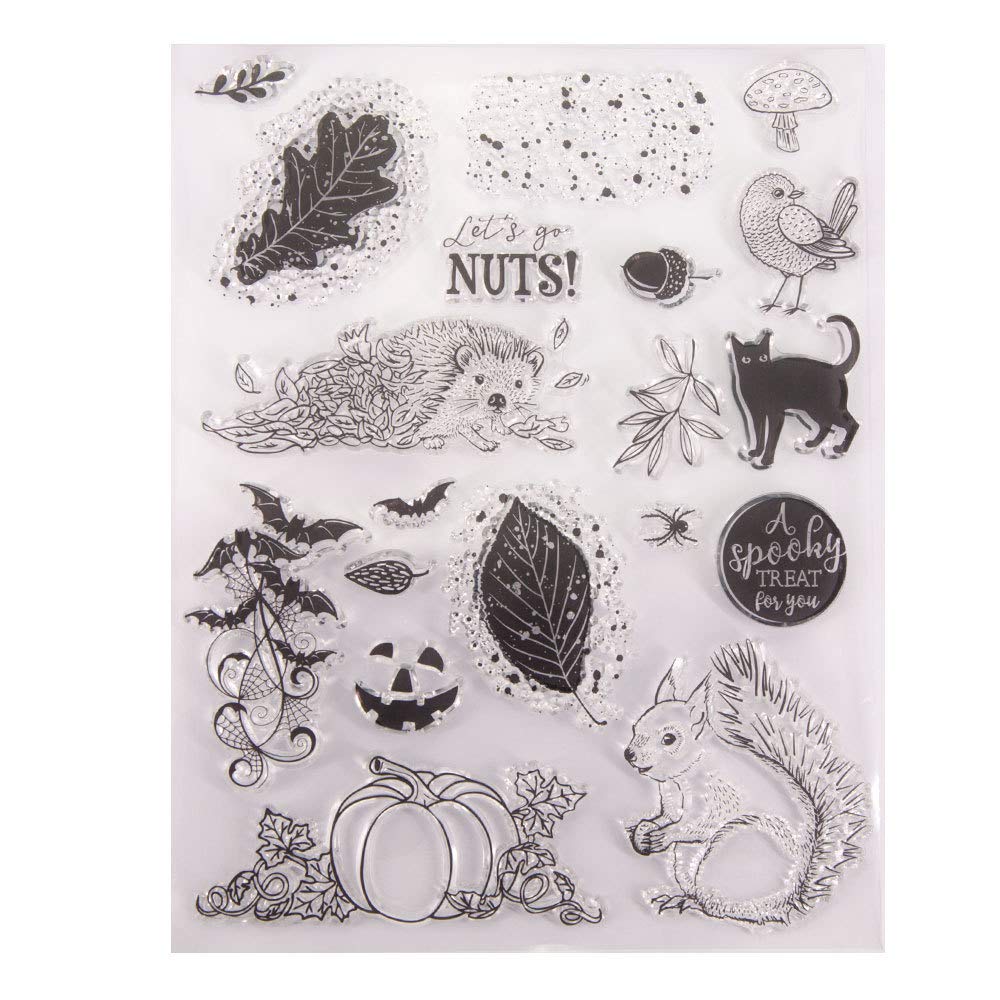 Happy Halloween Spooky Treat Pumpkin Nuts Squirrel Bat Black Cat Rubber Stamps Clear Stamps for Card Making Decoration and DIY Scrapbooking