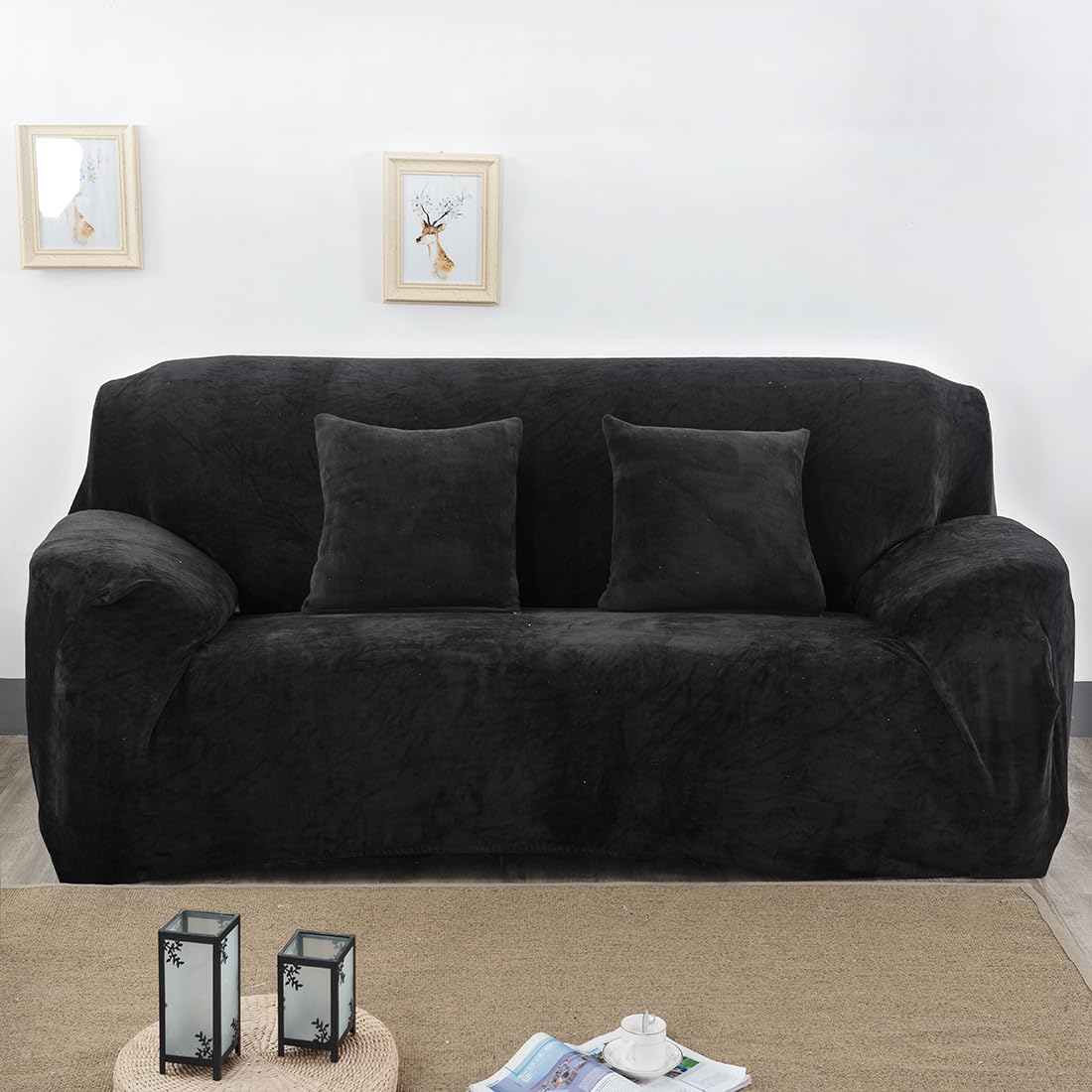 Photo 1 of vctops 1-Piece Velvet Plush Stretch Loveseat Sofa Slipcover with Elastic Bottom Soft Fuzzy Fluffy Sofa Covers for 2 Cushion Couch Furniture Protector for Kids, Pet (Black,Loveseat)