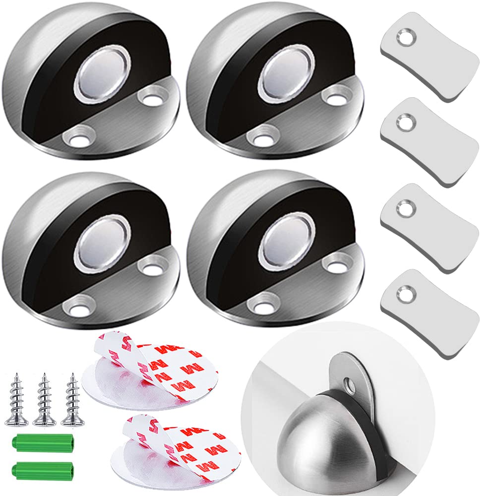 Door Stops Magnetic ZUONAI 4 Pack Adhesive Magnetic Door Stop Stainless Steel Magnetic Door Catch with Rubber Bumper Heavy Duty Door Stoppers Magnetic Floor Door Stop Internal Door Holder