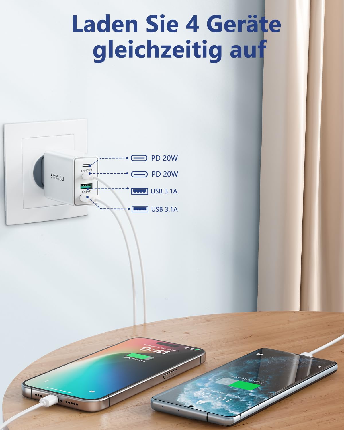 USB C Ladegerät, 4-Ports USB Stecker Schnellladegerät Mehrfach Netzteil USBC Fast Charger PD Power Adapter Ladestecker USB Schnellladen für iPhone 16 15 14 13 12 11 Pro Max, iPad, Samsung,Handys 3