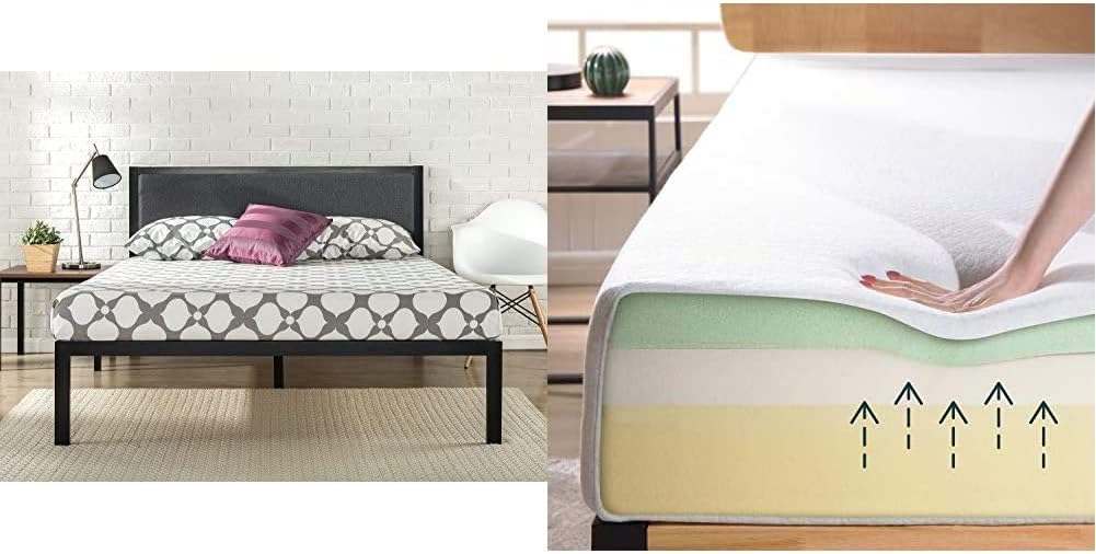 Zinus Korey 14"; Steel Platform Bed Frame with Upholstered Headboard and Wood Slat Support, Full & Ultima 8"; Comfort Memory Foam Mattress, Full