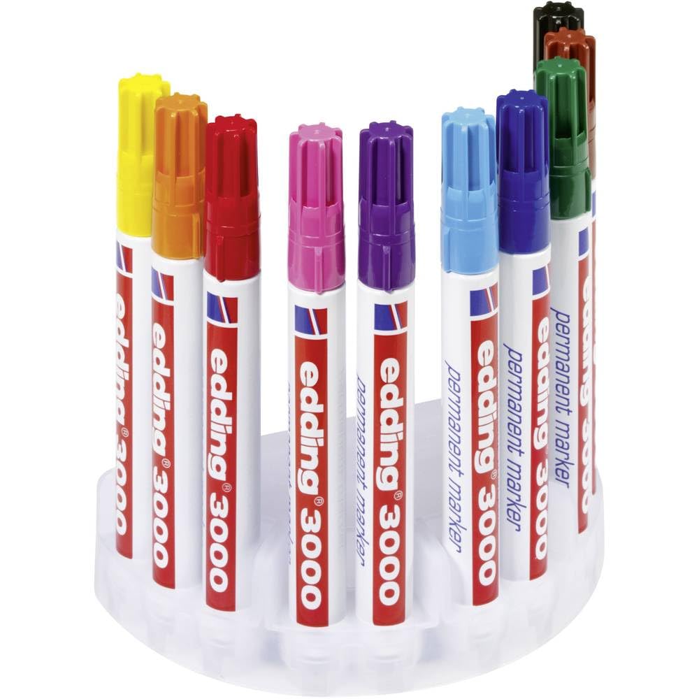 edding 3000 permanent marker - multi-coloured - display box of 10 markers - round nib 1.5-3 mm - quick-drying permanent markers - waterproof,smudge-proof - for cardboard, plastic, wood, metal, fabric
