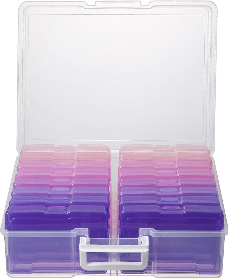 Novelinks 4x6 Photo Organizer Box with Handle, 16 Inner Cases, Pink Purple