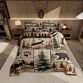 Feelyou Western Rustic Bear Comforter Set Queen Size, Country Farmhouse Duvet Insert, Rustic Cabin Bedding Set,Deer Elk Forest Animal Wildlife Hunting Patchwork Lodge Quilt, 2 Pillow Shams