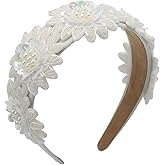 Florate Floral Pearl Bead Headband for Women Sequin Elegant Decorative Flower Leaf Fashion Hairband Hair Head Accessories (H1089-white)