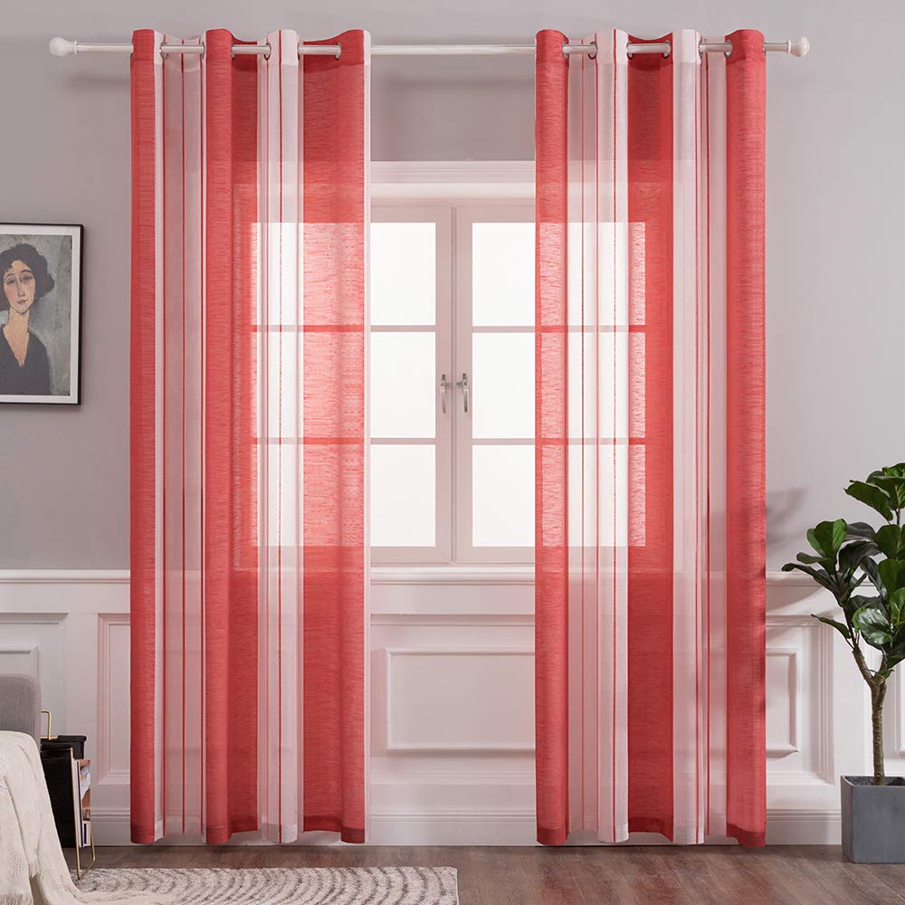 MIULEE Voile Curtains Semi Transparent Soft Elegant Decorative Classic Striped Curtain Translucent Eyelet Top Window Curtain Polyester for Bedroom Living Room 2 Panels 55" Wx88 L 140x225cm Red