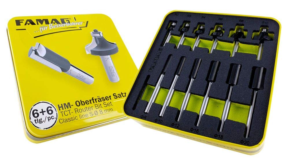 FAMAG Classic Line 3381.866.00 Carbide Milling Cutter Set, Groove & Rounding Cutters, Shaft Diameter 8 mm, in Metal Box 3381.866, 6 Pieces