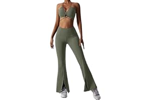 ABOCIW Workout Sets for Women 2 Piece High Waist Flared Leggings Slit Hem V Neck Sports Bra Gym Yoga Outfits