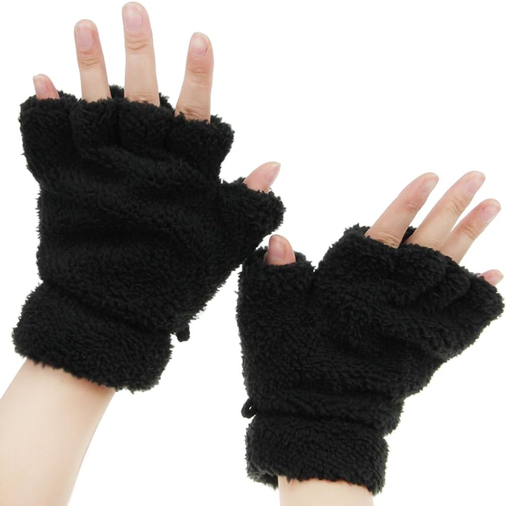 FakeFace Cute Cat Kitten Paw Fingerless Faux Fur Plush Gloves For Girls Women, Black, Small at  Women’s Clothing store