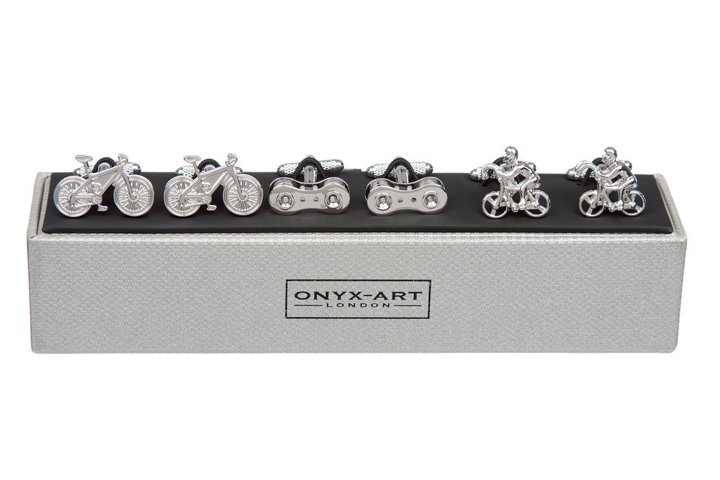 3 Pairs of Cycling Cufflinks - Classic Bicycle Bike Chain and Racing Cyclist Presented In Onyx Art London Cufflink Gift Box
