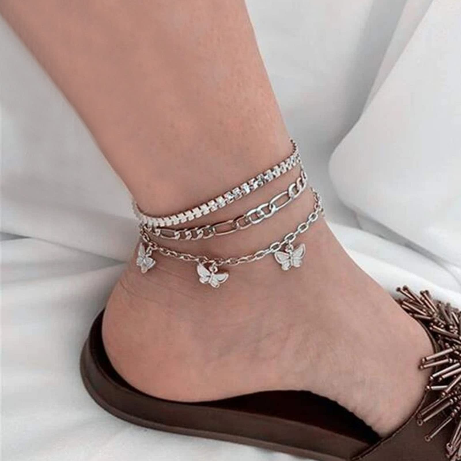 Yienate Boho Multi Layered Butterfly Anklet Bracelet Silver Figaro Butterfly Pendant Satellite Chain Anklet Foot Chain Charm Layered Beach Anklet 3Pcs Set Foot Jewelry Gift for Women Girls