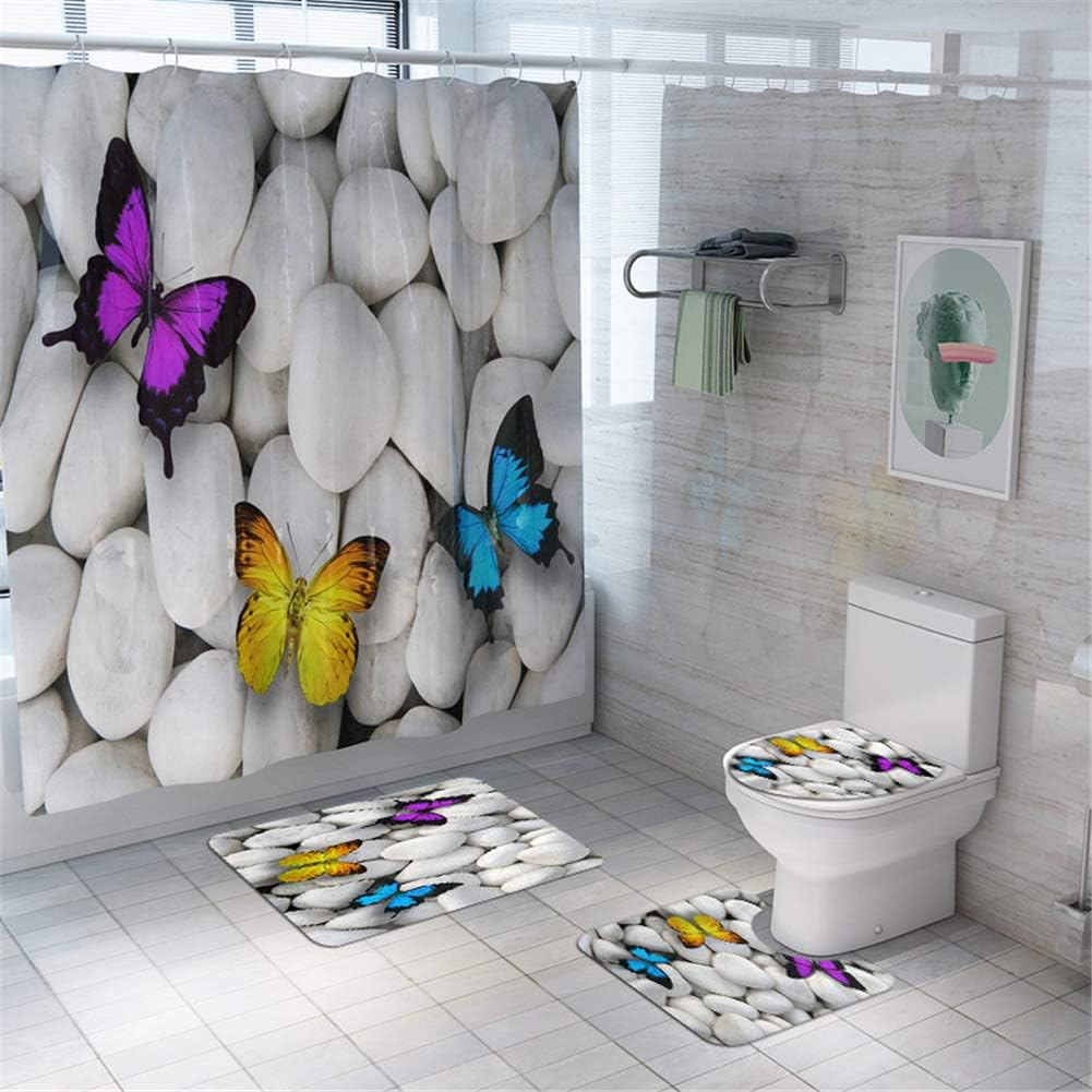 YCLOTH 3D Shower Curtain Set Bathroom Non-Slip Pedestal Rug + Lid Toilet Cover + Bath Mat+Shower curtain with 12 Hooks