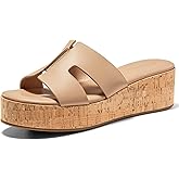 Coutgo Womens Platform Wedge Sandals Open Toe Slip On Slides Cork Heeled Cutout Comfortable Summer Shoes, Khaki, Size 8