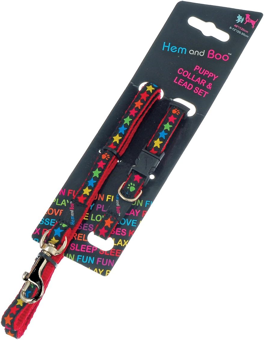 Jocbinltd Stars Black on Red Puppy Collar and Lead Set Collar 3/8 Inch x 8-12 Inch /20-30 cm, Lead 48 Inch /120 cm