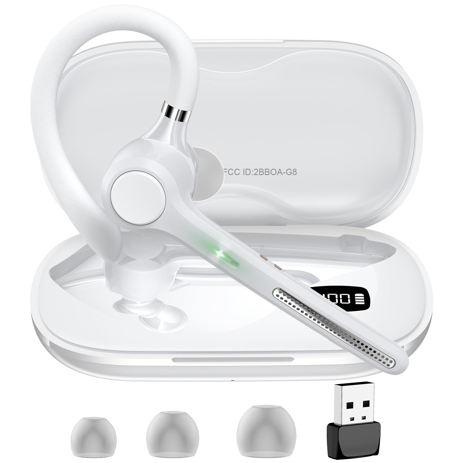 Ngsod Bluetooth Headset V5.4, Bluetooth Earpiece with 500mAh Charging Case, 50H Talk Time Wireless Headset with Mic for Computer Cell Phones, Hands Free Noise Canceling Headphones for Work-White