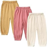 GFQLONG Toddler Baby Girls 3 Pack Elastic Waist Pants Soft Cotton Linen Harem Bloomers Summer Fall Long Pants