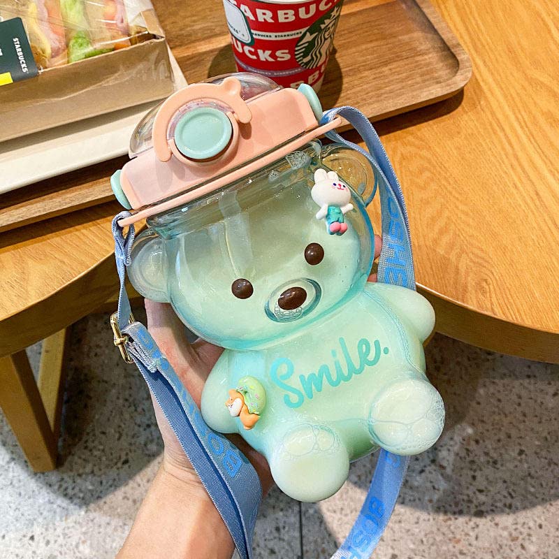 BomKra Kawaii Bear Water Bottle,Cute Water Bottle with Straw and Stickers,BPA Free,Leak-Proof,Novelty Drinking Bottle with Adjustable Shoulder Strap for Kids Girls Travel School Office (1000ml)