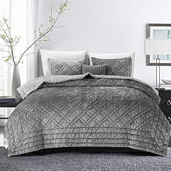 Stylechic Hand Quilted Cotton Velvet Quilt and Pillow Shams, Pre-wahsed, Queen Size, Lustrous and Soft, Velvet Bedspread Set, Grey Color
