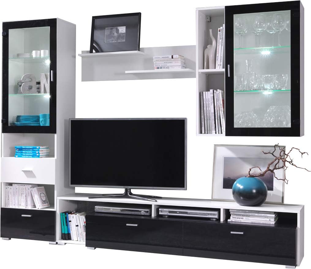 FurniturByJDM TV Wall Unit, TV Table Set, Living Room Set OMEGA Large TV Bench, Free Standing Display Unit, Wall-mounted Shelve and Wall-mounted Display Cabinet. (White/Black Gloss)