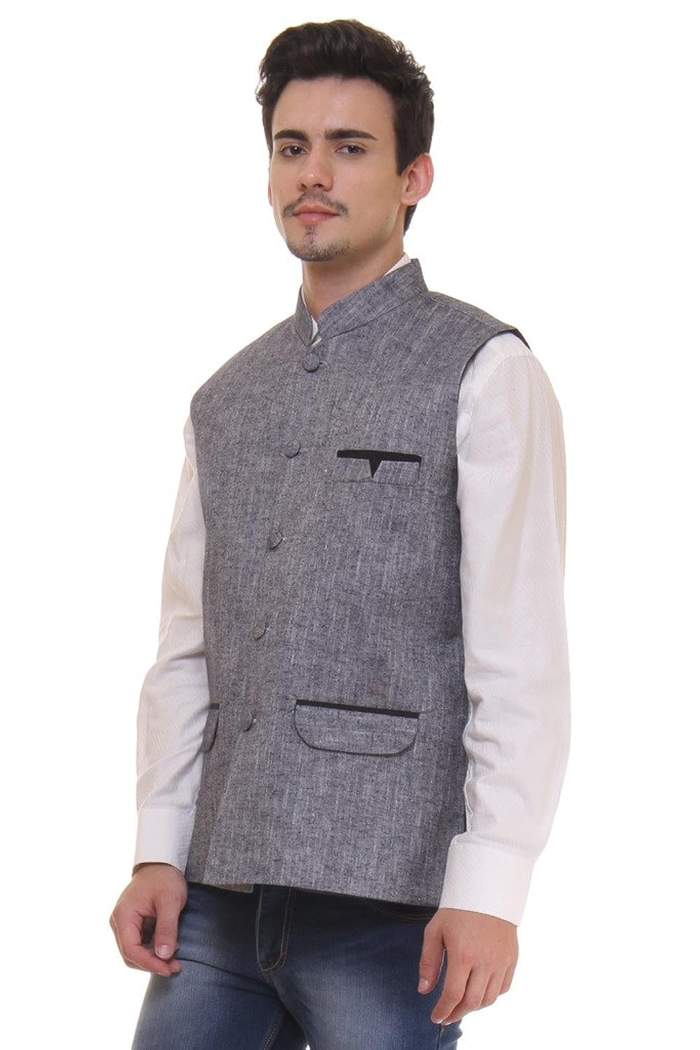 routeen grey casual formal wear waistcoat linen jacket for men