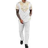ZSJR Mens African 2 Piece Set Nigerian Dashiki Metallic Short Sleeve Suit Gold Stamp Printed Shirt and Pants Outfit